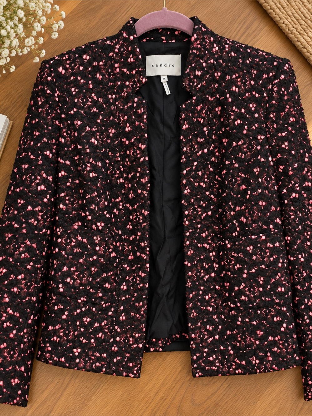 Sandro Paris Black Pink Floral Textured Blazer Jacket FR 38 US 6